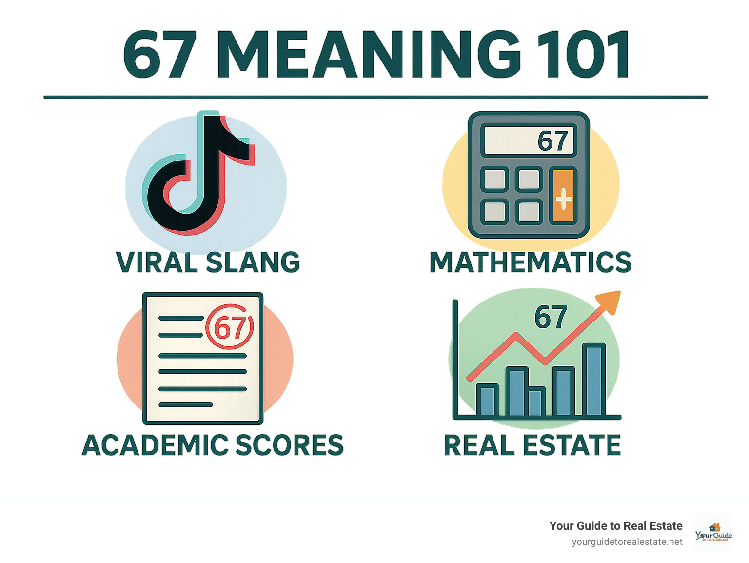 Infographic showing the four main contexts where 67 appears: a TikTok logo with "67" for viral slang, a calculator showing mathematical properties, a test paper with "67%" circled for academic scores, and a housing market chart highlighting "67" as a data point in real estate metrics - what does 67 mean infographic Infographic showing the four main contexts where 67 appears: a TikTok logo with "67" for viral slang, a calculator showing mathematical properties, a test paper with "67%" circled for academic scores, and a housing market chart highlighting "67" as a data point in real estate metrics - what does 67 mean infographic