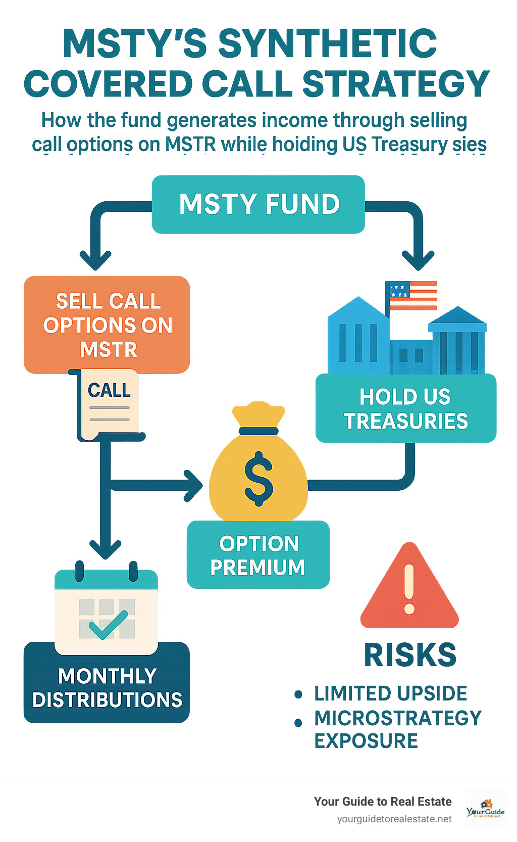 Detailed breakdown of MSTY's synthetic covered call strategy showing how the fund generates income through selling call options on MSTR while holding US Treasury securities as collateral, including monthly distribution process and risk factors - msty stock infographic 