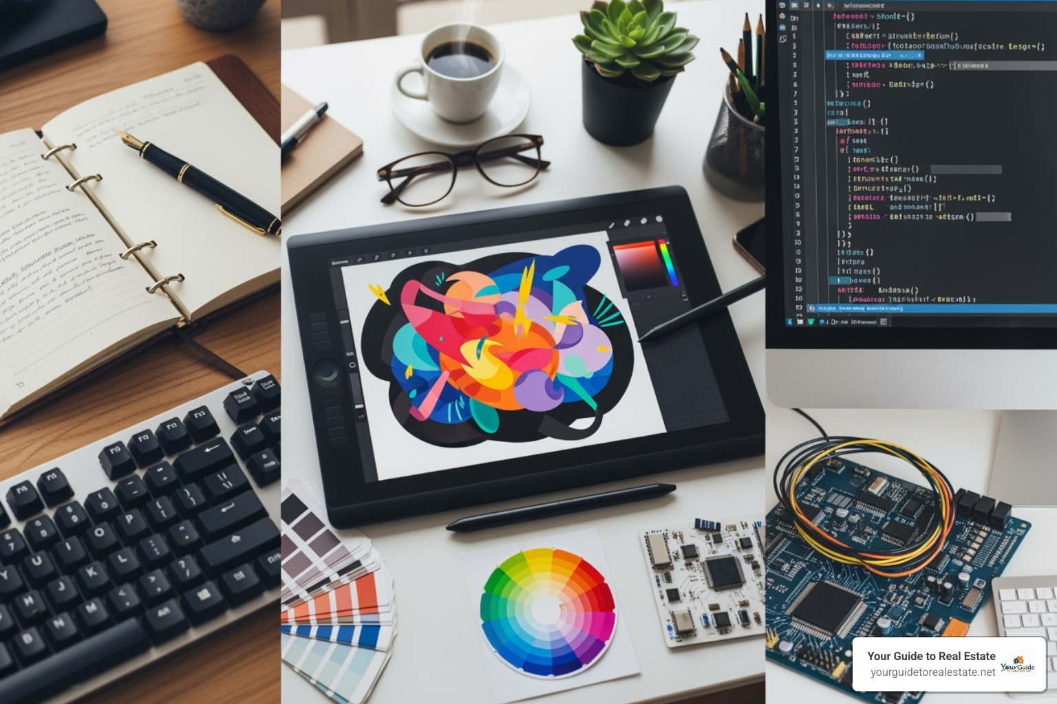 of a collage representing various freelance professions like writing, graphic design, and programming - freelancing tips