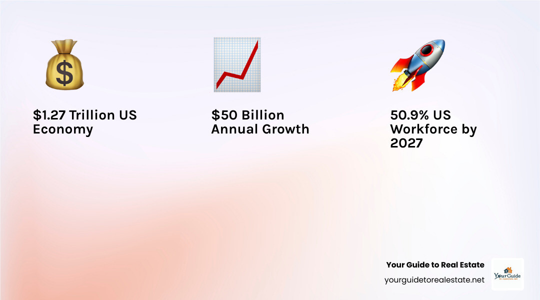 Comprehensive infographic showing freelance economy statistics: $1.27 trillion U.S. economic contribution in 2023, projected 50.9% workforce by 2027, with icons representing key success factors like portfolio building, networking, pricing strategy, and client management - freelancing tips infographic 3_facts_emoji_light-gradient