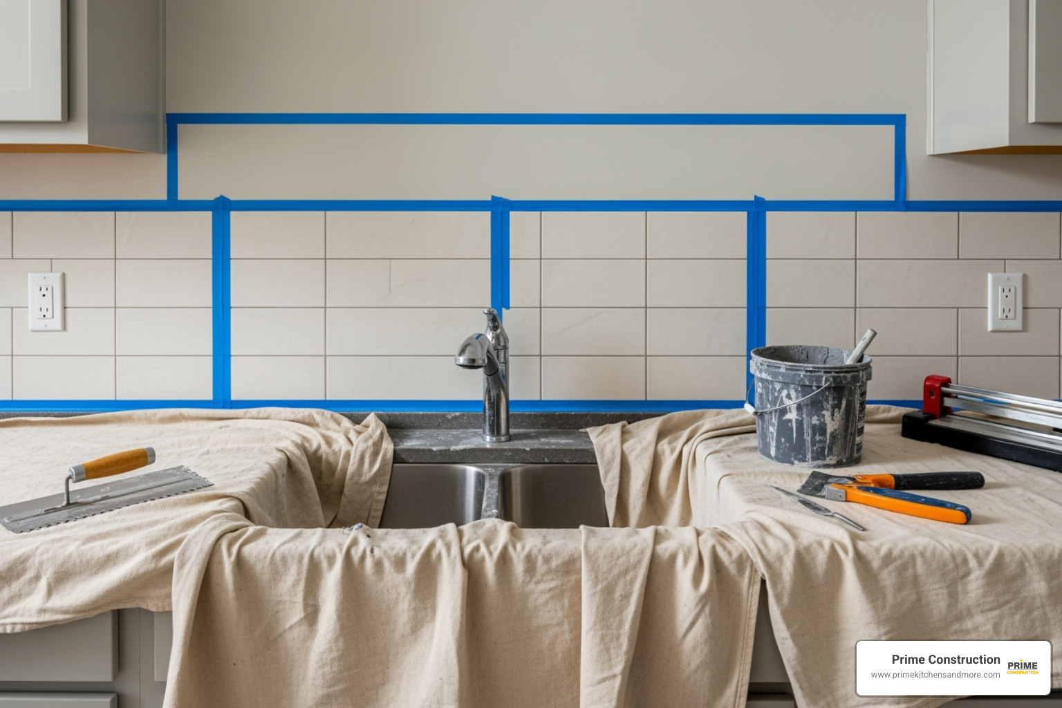A kitchen wall prepped for tiling with blue painter's tape outlining the backsplash area and drop cloths protecting the countertop and sink. - add backsplash to kitchen