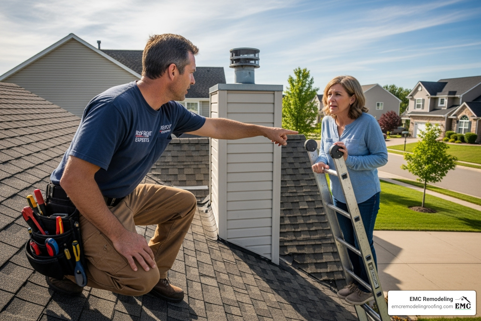 A professional roofer inspecting a roof with a homeowner - house roof repair near me