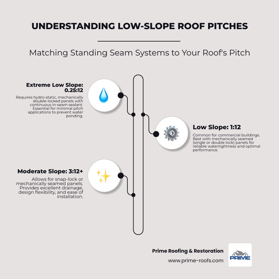 Infographic showing roof slope calculations with visual examples of 0.25:12, 1:12, and 3:12 pitches, including rise-over-run measurements and which standing seam systems work best for each slope range - low slope standing seam metal roof infographic infographic-line-3-steps-neat_beige Infographic showing roof slope calculations with visual examples of 0.25:12, 1:12, and 3:12 pitches, including rise-over-run measurements and which standing seam systems work best for each slope range - low slope standing seam metal roof infographic infographic-line-3-steps-neat_beige