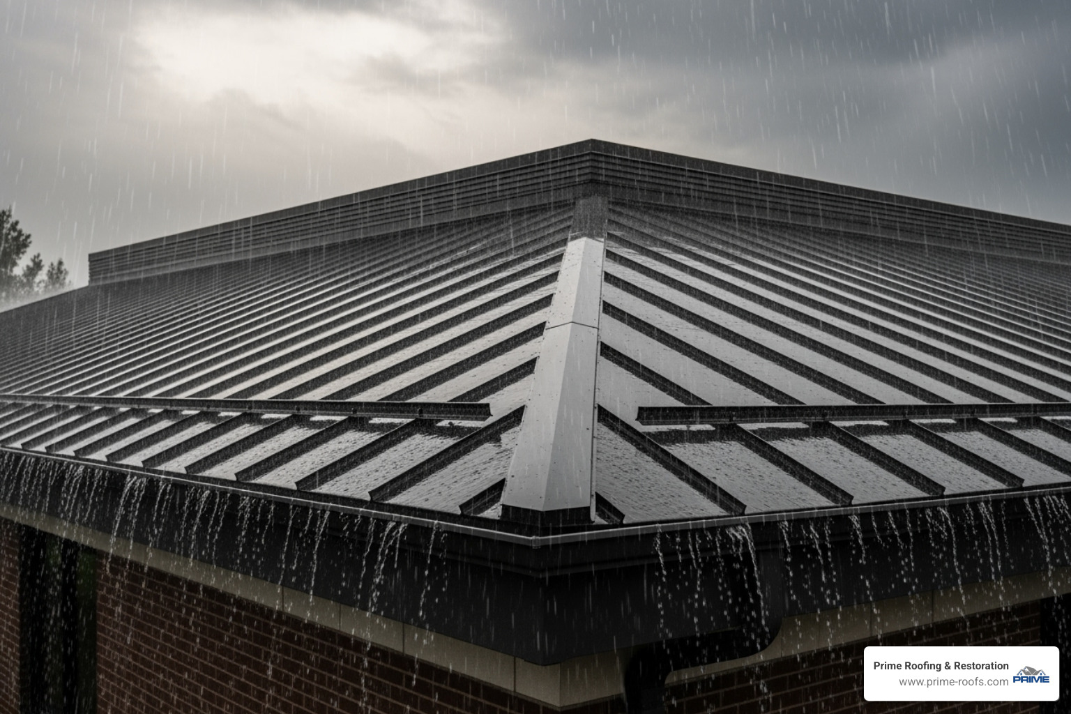 A standing seam metal roof enduring a heavy rainstorm with water effectively shedding off its surface, highlighting its watertight design and durability. - low slope standing seam metal roof A standing seam metal roof enduring a heavy rainstorm with water effectively shedding off its surface, highlighting its watertight design and durability. - low slope standing seam metal roof