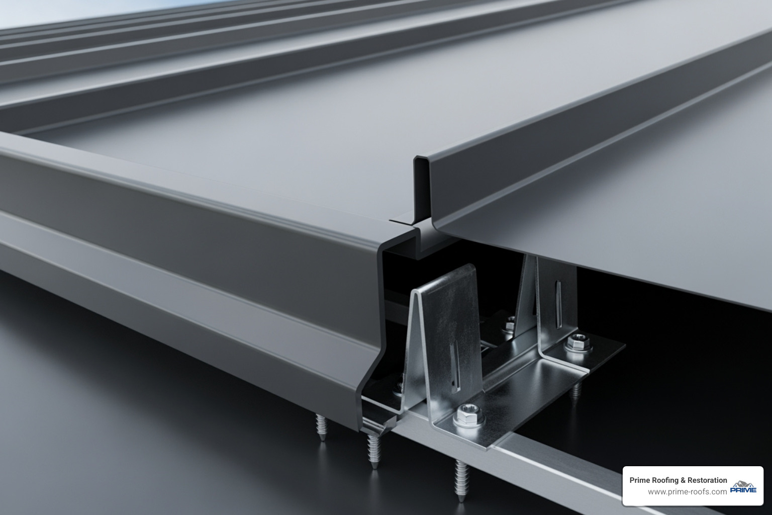 An illustration showing the intricate details of a standing seam metal roof installation, focusing on how panels interlock and are secured with hidden clips. - low slope standing seam metal roof An illustration showing the intricate details of a standing seam metal roof installation, focusing on how panels interlock and are secured with hidden clips. - low slope standing seam metal roof