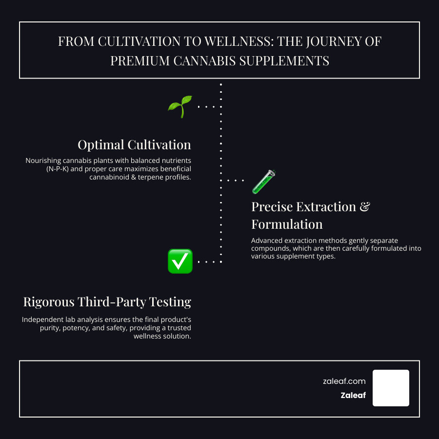 Detailed infographic showing the journey from properly nourished cannabis plants with optimal NPK ratios and organic nutrients, through extraction and testing processes, to final consumer wellness products including CBD oils, gummies, and targeted supplements, with quality indicators and third-party testing symbols at each stage - best cannabis supplements infographic infographic-line-3-steps-dark