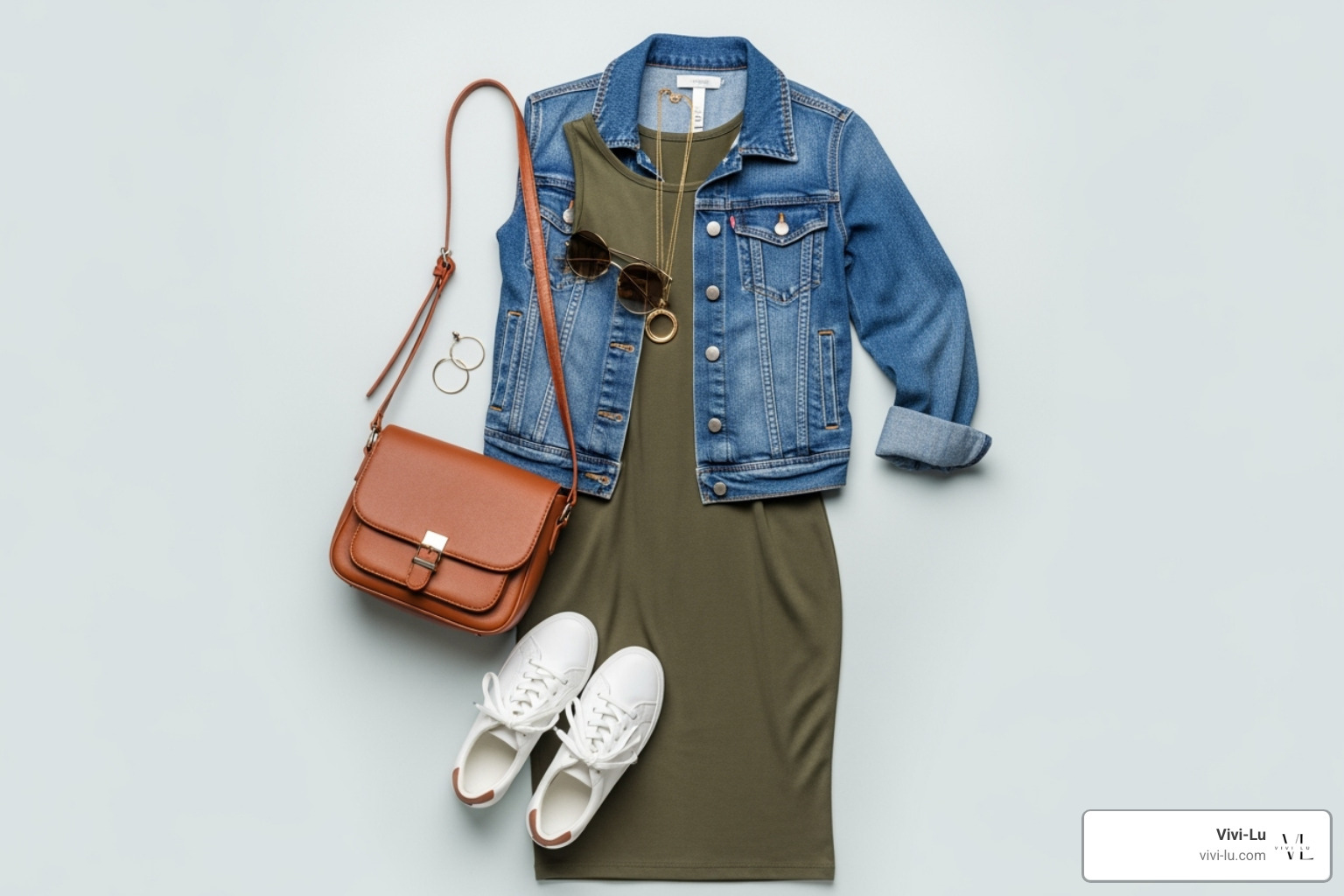 Flat-lay of an olive bodycon dress with a denim jacket, white sneakers, and a crossbody bag - olive bodycon dress