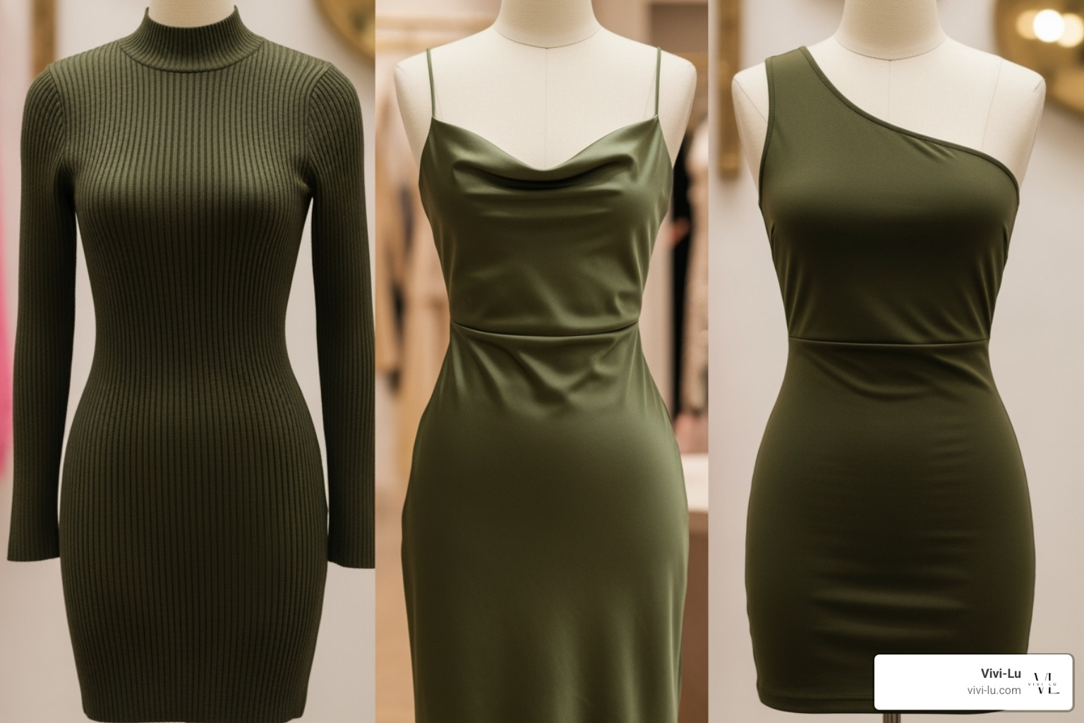 Three olive bodycon dresses: long-sleeve knit, satin midi, one-shoulder mini - olive bodycon dress