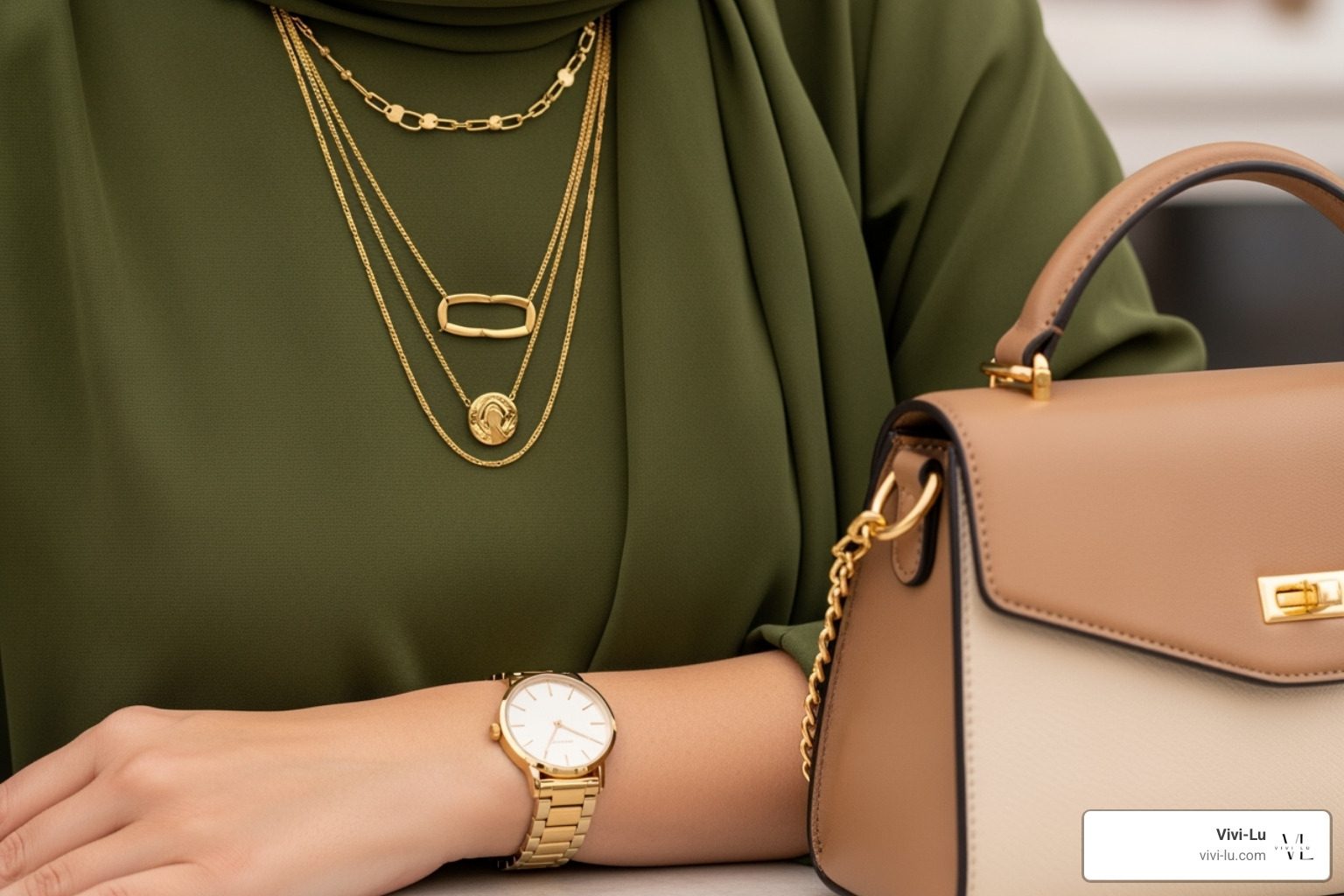 Close-up of gold necklaces, a stylish handbag, and a watch complementing an olive dress - olive bodycon dress
