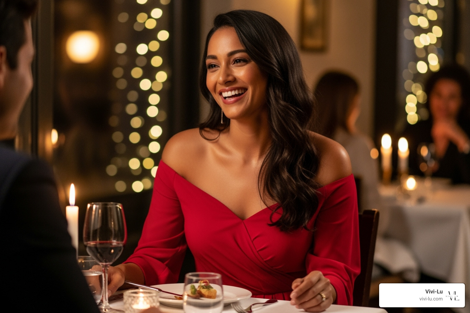 Woman on a date night wearing a red off the shoulder midi dress, with subtle lighting and a romantic ambiance - off the shoulder dress
