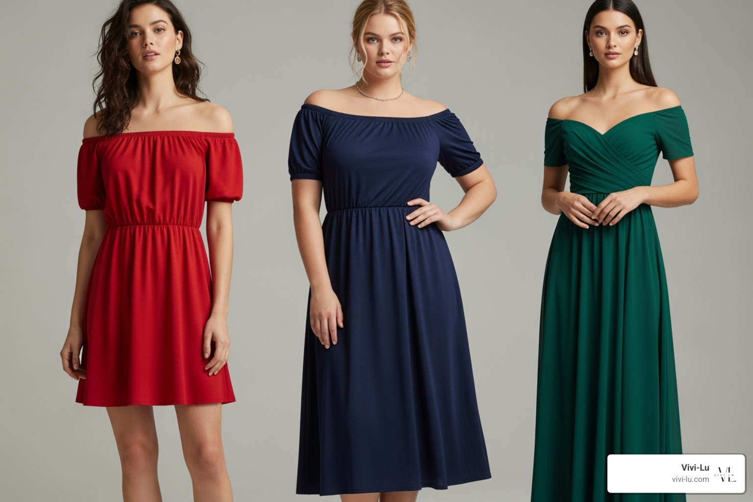 Three models side-by-side wearing a mini, midi, and maxi off the shoulder dress - off the shoulder dress