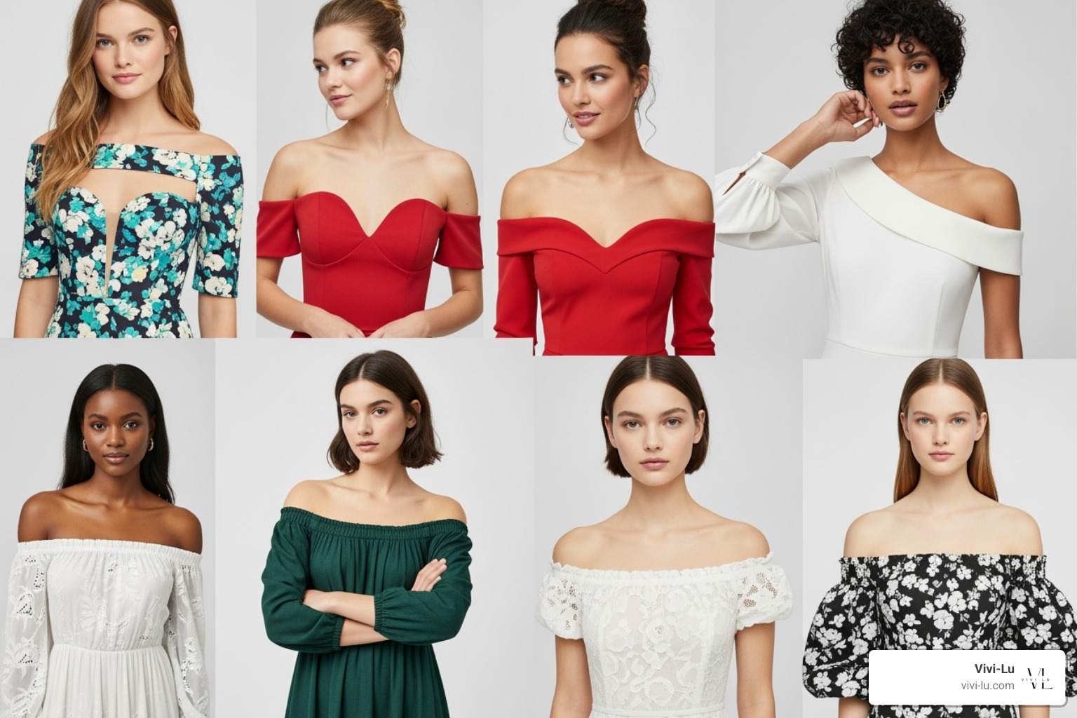 Collage of off the shoulder dress necklines and sleeve styles - off the shoulder dress