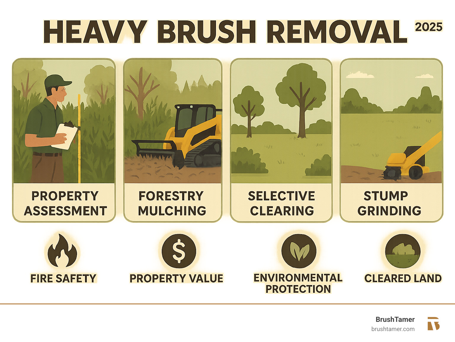 Comprehensive infographic showing the complete heavy brush removal process, including initial property assessment with measuring tools and clipboards, forestry mulching equipment turning dense brush into mulch, selective clearing preserving valuable trees, stump grinding operations, and the final cleared land ready for use, with icons representing benefits like fire safety, increased property value, and environmental protection - Heavy brush removal infographic 