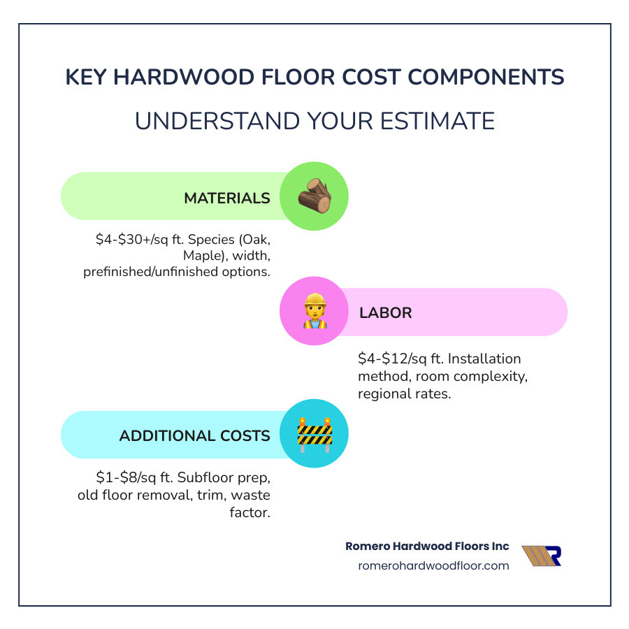 Infographic showing the three main cost components of hardwood flooring estimates: Materials cost ranging from $4-30 per square foot including domestic species like oak and maple at the lower end and exotic species like Brazilian cherry at the higher end, Labor costs ranging from $4-8 per square foot including installation method variations, and Additional costs including subfloor preparation at $1-2 per square foot and old flooring removal at $1-3 per square foot, with total project costs typically ranging from $12-25+ per square foot installed - hardwood floor estimates infographic infographic-line-3-steps-colors Infographic showing the three main cost components of hardwood flooring estimates: Materials cost ranging from $4-30 per square foot including domestic species like oak and maple at the lower end and exotic species like Brazilian cherry at the higher end, Labor costs ranging from $4-8 per square foot including installation method variations, and Additional costs including subfloor preparation at $1-2 per square foot and old flooring removal at $1-3 per square foot, with total project costs typically ranging from $12-25+ per square foot installed - hardwood floor estimates infographic infographic-line-3-steps-colors
