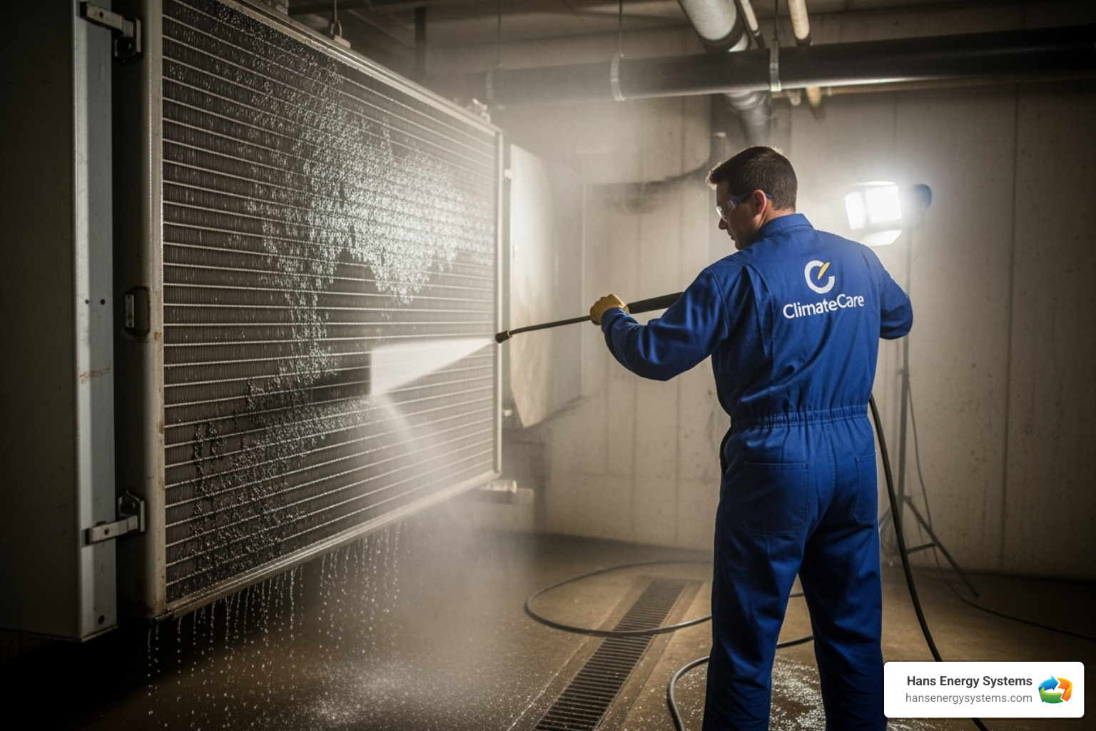 Image of a technician cleaning a large commercial HVAC coil - HVAC system commercial Image of a technician cleaning a large commercial HVAC coil - HVAC system commercial