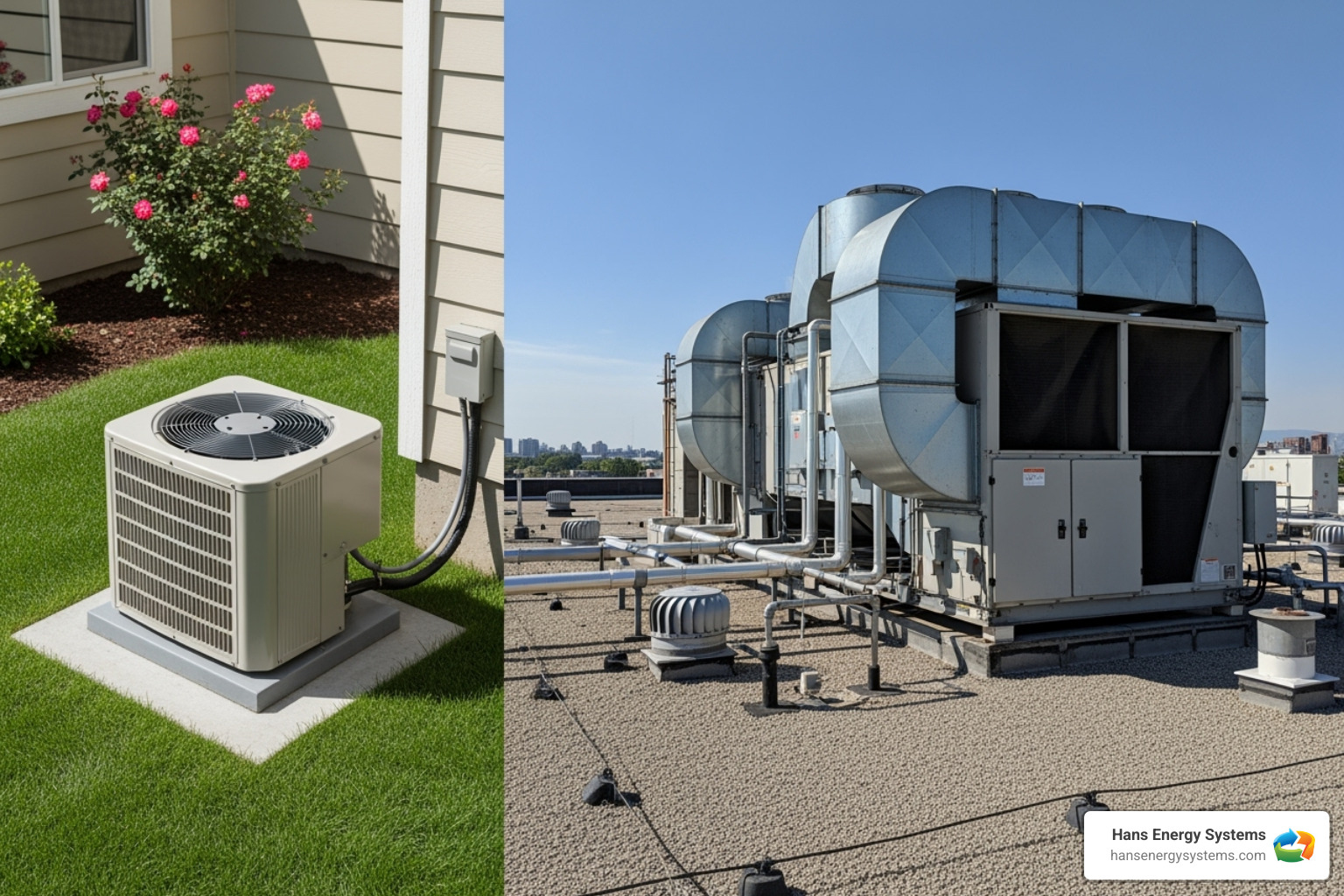Image comparing a small residential outdoor unit to a large commercial rooftop unit - HVAC system commercial Image comparing a small residential outdoor unit to a large commercial rooftop unit - HVAC system commercial