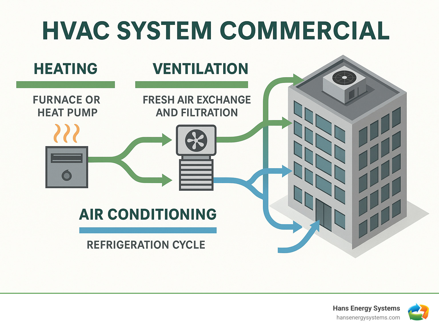 Infographic showing the three core functions of commercial HVAC systems: Heating using furnaces and heat pumps, Ventilation with fresh air exchange and filtration, and Air Conditioning through refrigeration cycles, with arrows showing airflow patterns in a multi-story commercial building - HVAC system commercial infographic  Infographic showing the three core functions of commercial HVAC systems: Heating using furnaces and heat pumps, Ventilation with fresh air exchange and filtration, and Air Conditioning through refrigeration cycles, with arrows showing airflow patterns in a multi-story commercial building - HVAC system commercial infographic