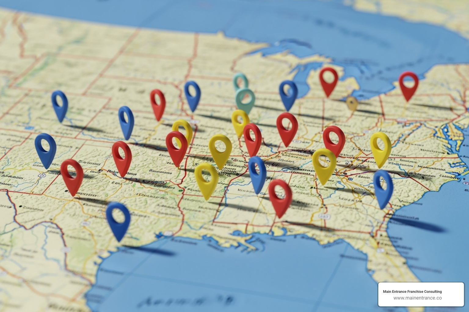 Map with multiple business location pins - expert franchise consultants