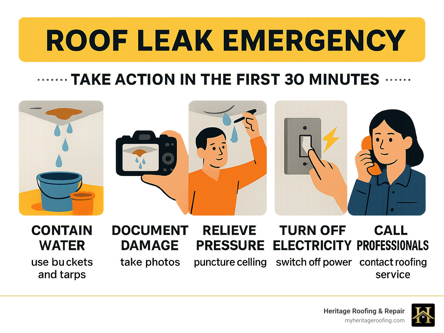 Infographic showing emergency roof leak response steps: water containment with buckets, documentation with camera, ceiling pressure relief, electrical safety, and professional contact, with timeline indicating immediate action within first 30 minutes - Roof leak emergency infographic 