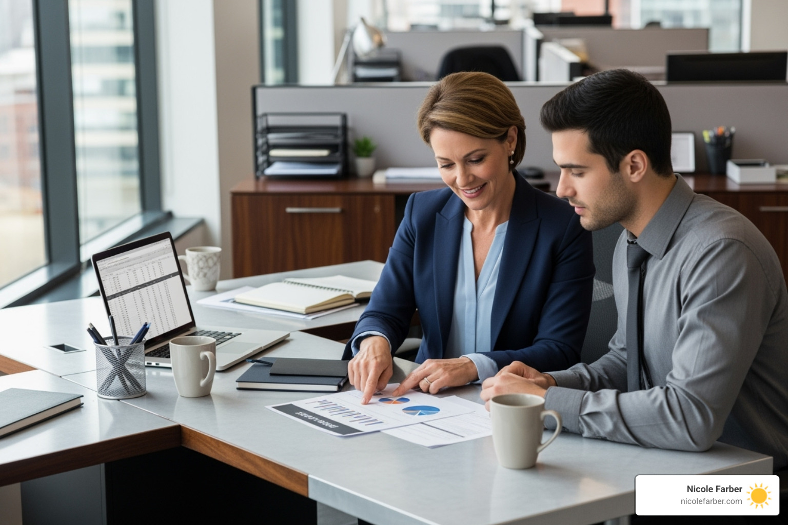A mentor guiding a mentee in a professional setting, pointing to a document - Develop your leadership