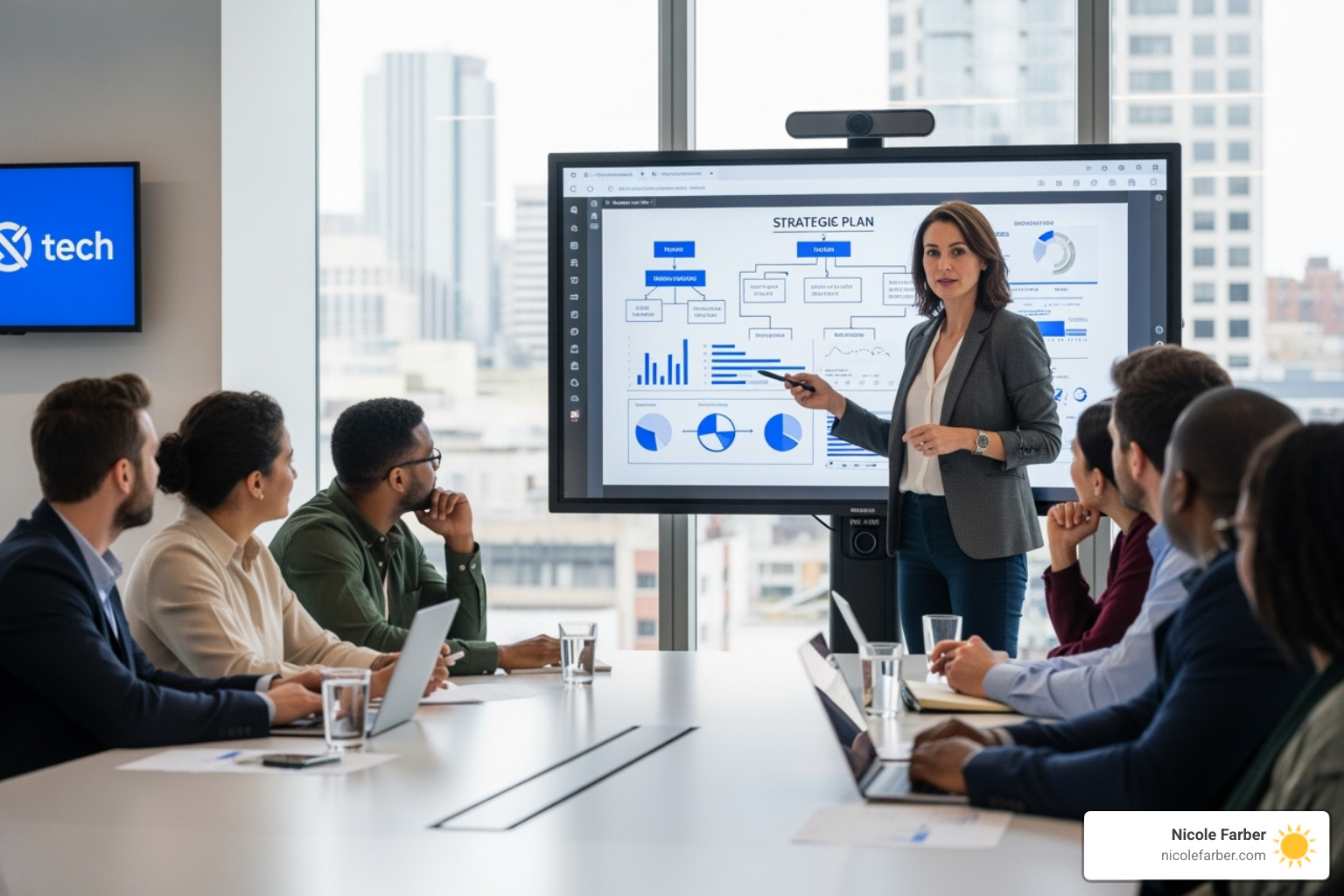 A leader presenting a vision to an engaged team, illustrating strategy on a whiteboard - Develop your leadership