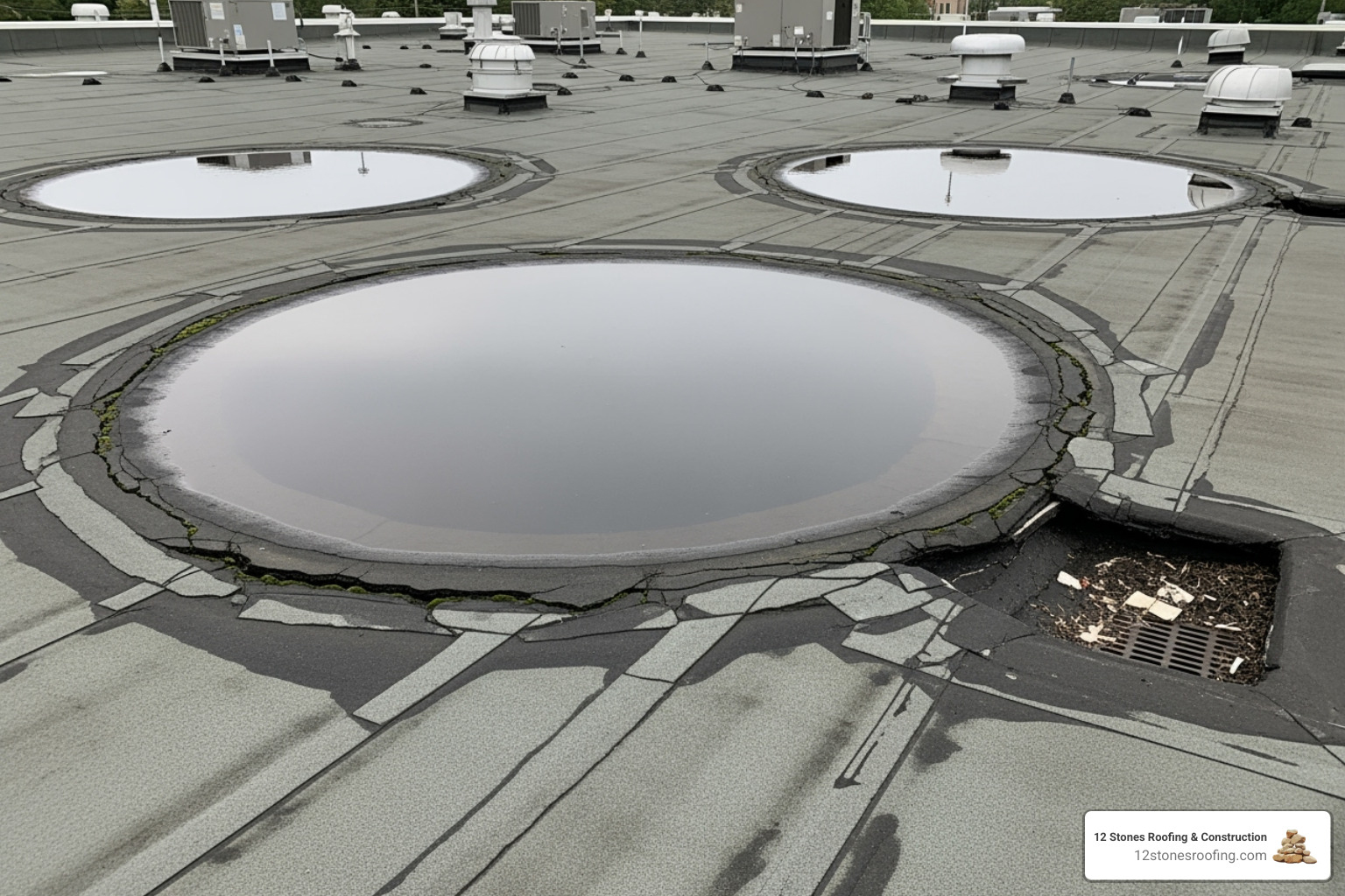 Common roof damage like ponding water and cracked seams on a flat roof - commercial roofing houston tx