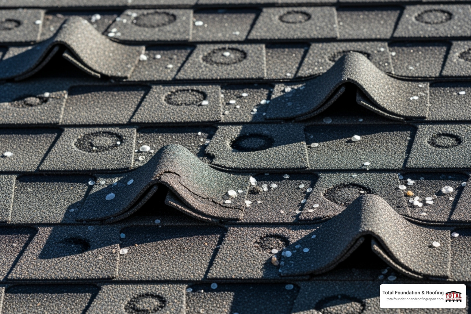 Close-up examples of hail and wind damage on shingles, showing missing granules and small indentations - storm roof repair service