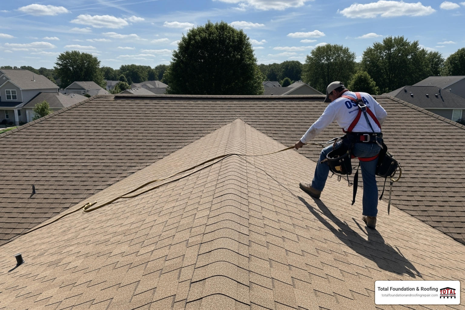 A newly repaired roof on a sunny day, showcasing clean lines and durable materials, with a roofing contractor wearing a safety harness doing a final check - storm roof repair service