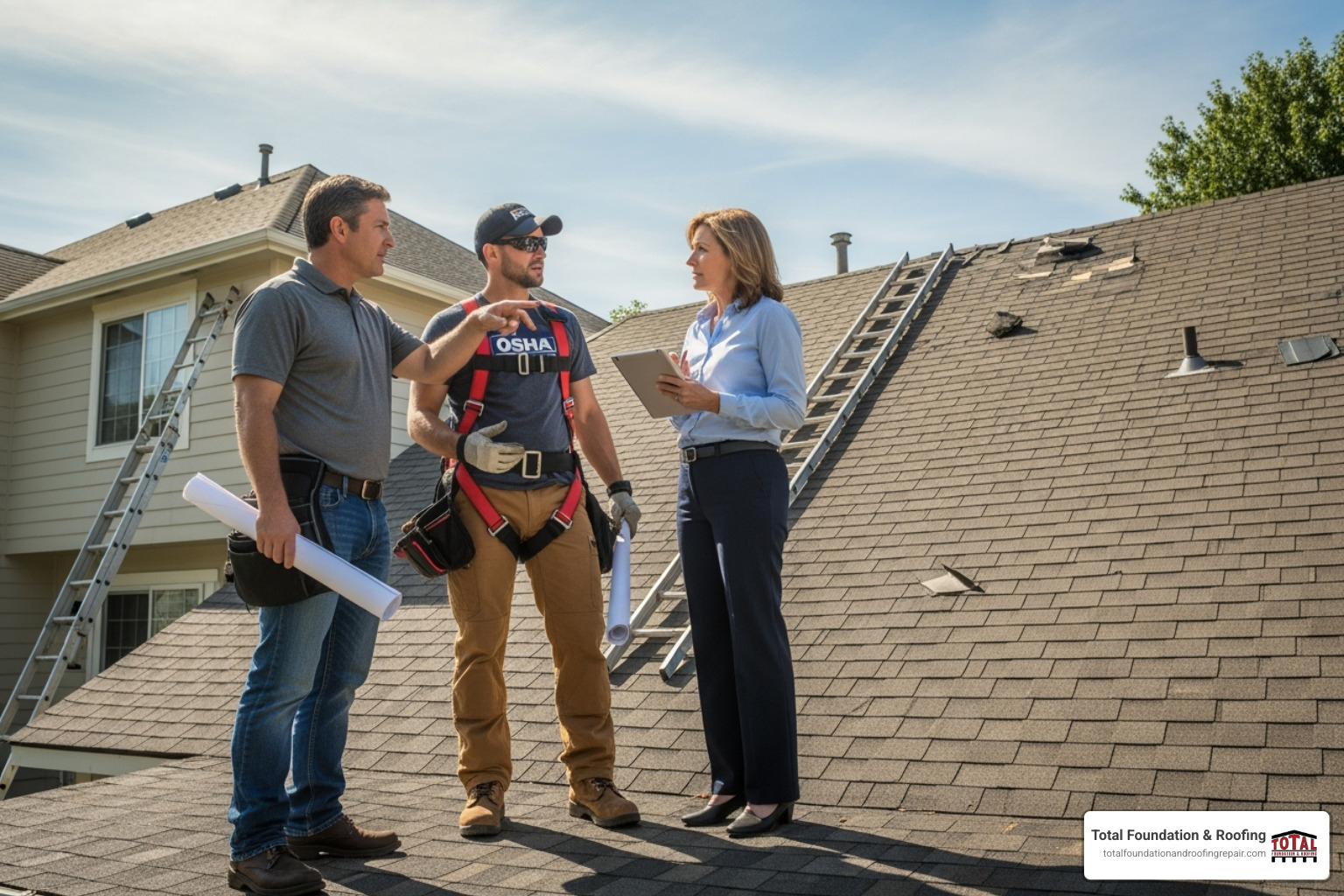 A homeowner talking with a roofing contractor wearing an OSHA-required safety harness and an insurance adjuster on a sunny day - storm roof repair service