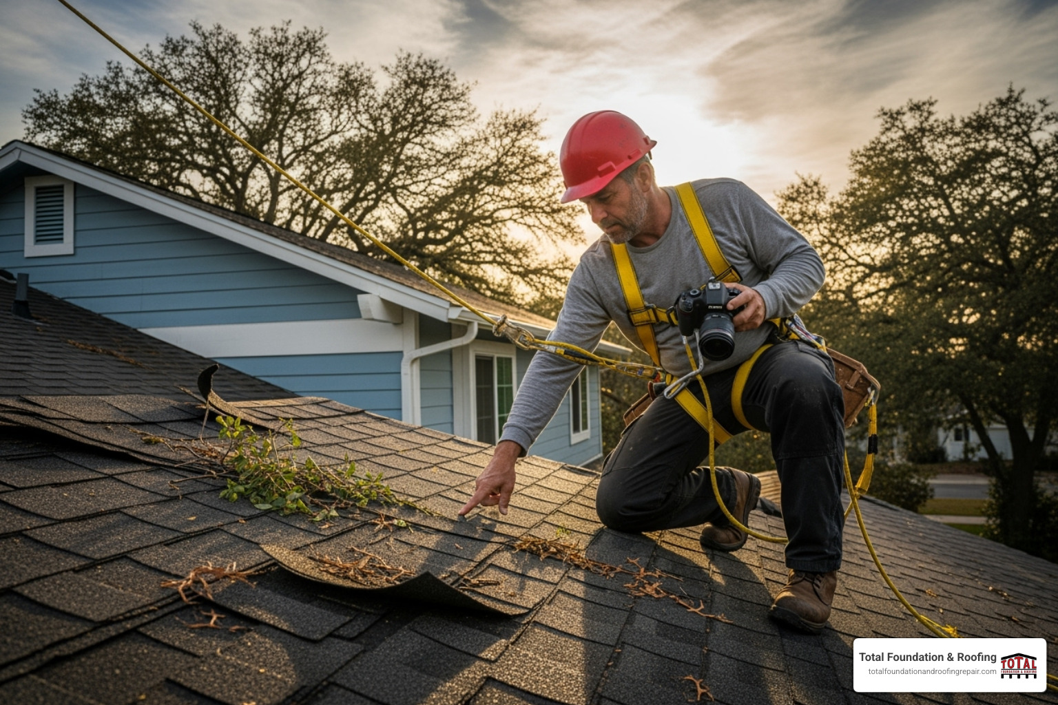 A roofing contractor wearing an OSHA-required safety harness inspecting a storm-damaged roof - storm roof repair service