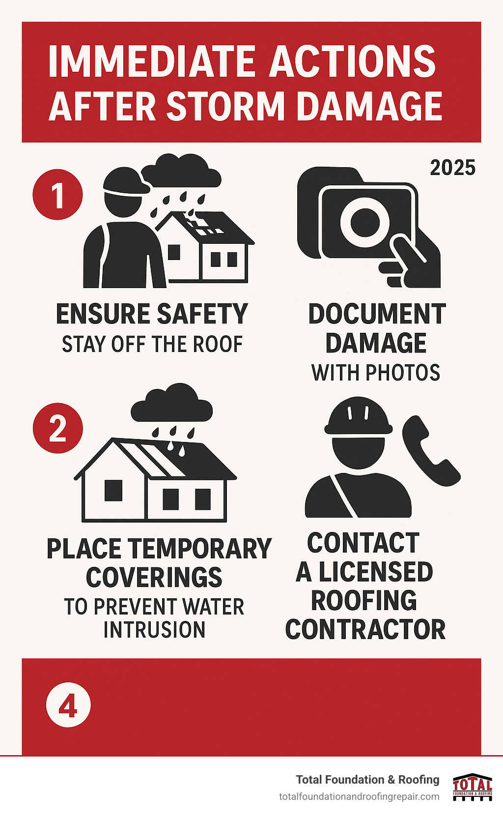 Infographic showing the 4 immediate steps after storm damage: 1) Ensure safety and stay off the roof, 2) Document all visible damage with photos, 3) Place temporary coverings to prevent water intrusion, 4) Contact a licensed roofing contractor for professional assessment - storm roof repair service infographic 