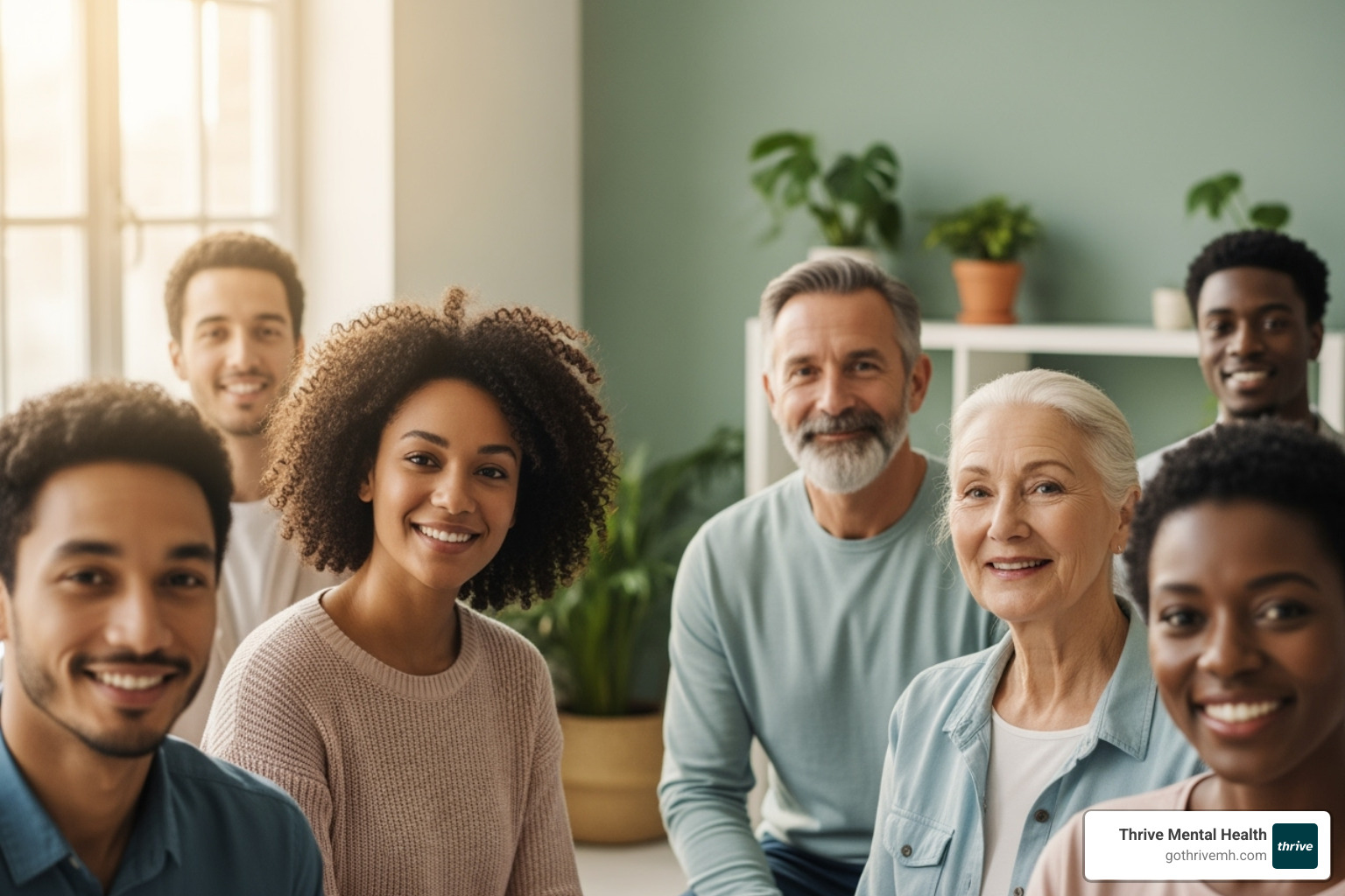 A diverse group of people of varying ages and backgrounds smiling and looking hopeful, symbolizing the broad applicability and positive outcomes of EMDR therapy. - emdr