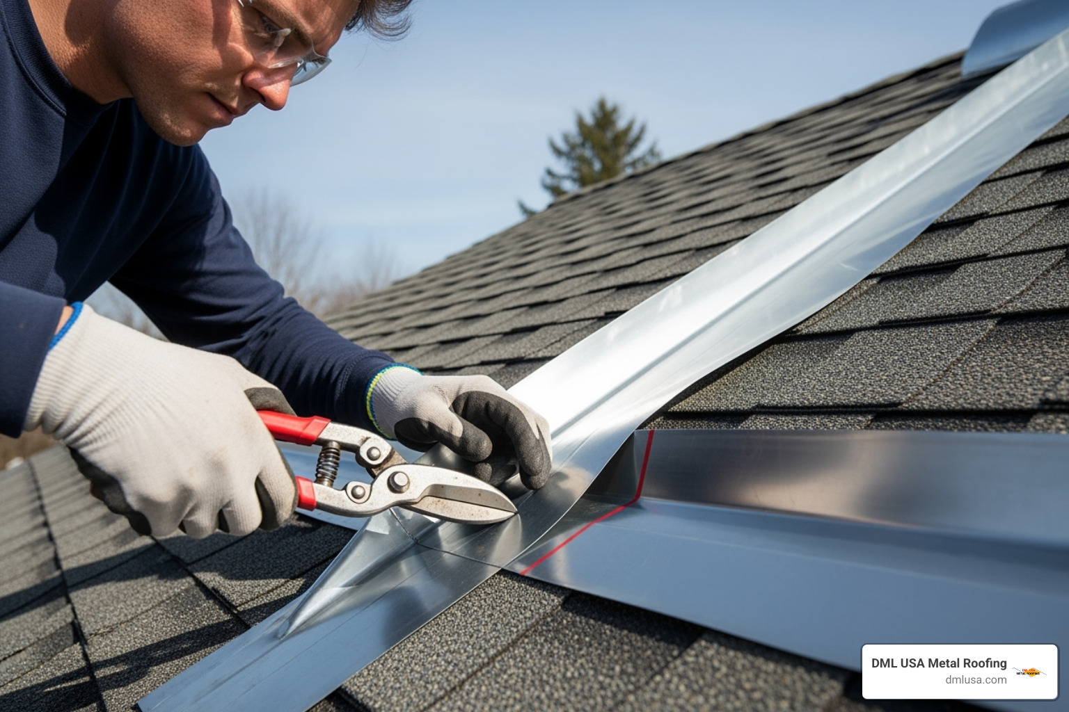Professional cutting metal valley flashing with snips - metal roof valley installation