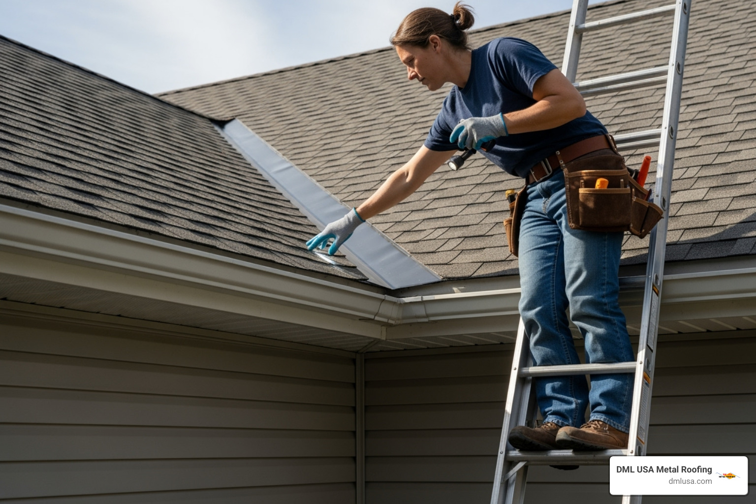 Homeowner safely inspecting a clean roof valley from a ladder - metal roof valley installation
