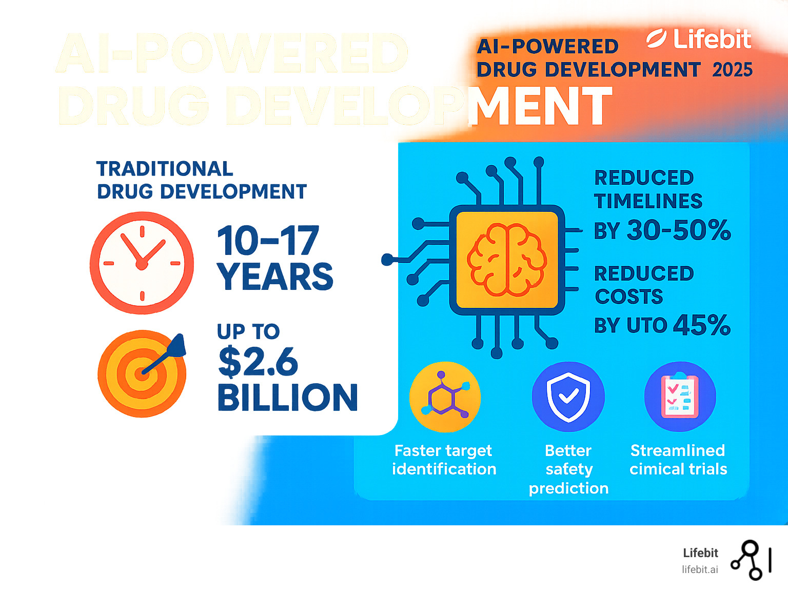 Infographic showing traditional drug development taking 10-17 years and costing up to $2.6 billion, compared to AI-powered drug development reducing timelines by 30-50% and costs by up to 45% through faster target identification, improved compound design, better safety prediction, and streamlined clinical trials - AI-powered drug development infographic 