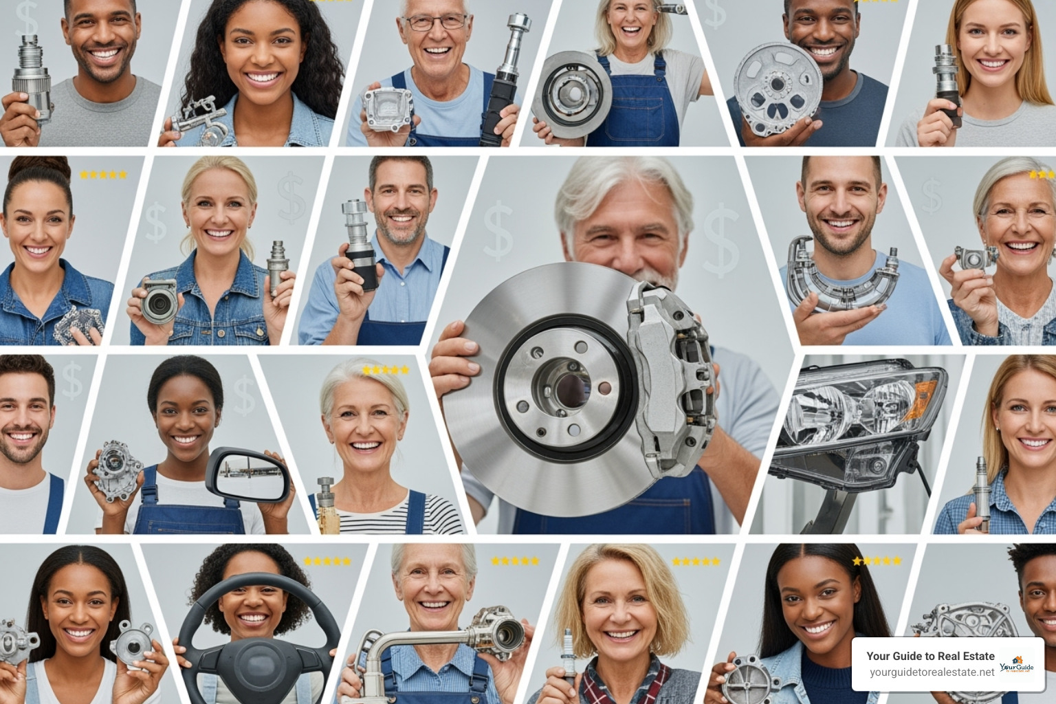 Collage of happy customers with auto parts, positive reviews, and dollar signs to represent savings - rock auto Collage of happy customers with auto parts, positive reviews, and dollar signs to represent savings - rock auto