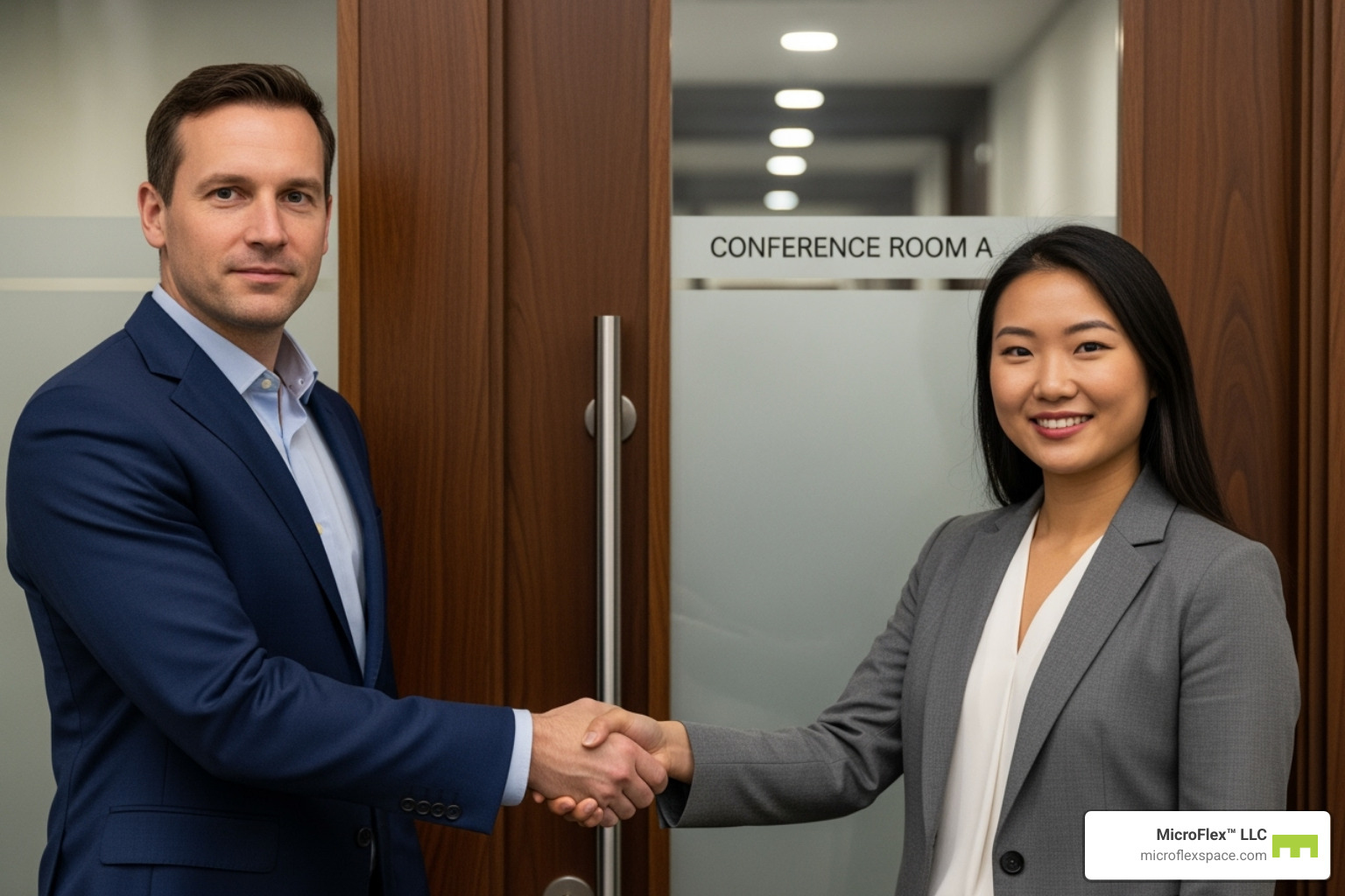 two people shaking hands in front of an office door - small office for rent two people shaking hands in front of an office door - small office for rent