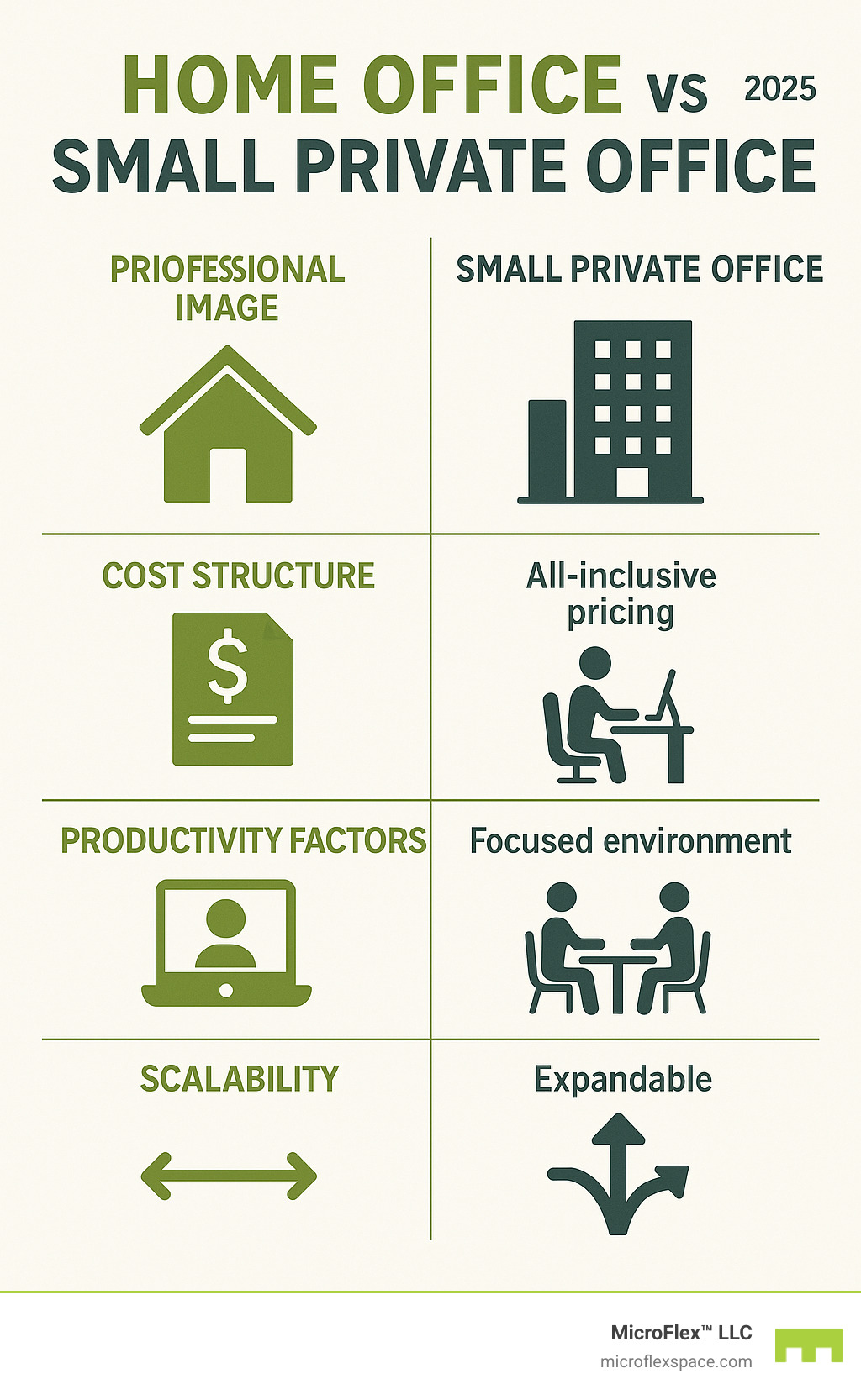 Detailed comparison infographic showing Home Office vs Small Private Office across categories: Professional Image (home icon vs office building), Cost Structure (monthly bills vs all-inclusive pricing), Productivity Factors (distractions vs focused environment), Client Meetings (video calls vs in-person), and Scalability (limited vs expandable) - small office for rent infographic Detailed comparison infographic showing Home Office vs Small Private Office across categories: Professional Image (home icon vs office building), Cost Structure (monthly bills vs all-inclusive pricing), Productivity Factors (distractions vs focused environment), Client Meetings (video calls vs in-person), and Scalability (limited vs expandable) - small office for rent infographic