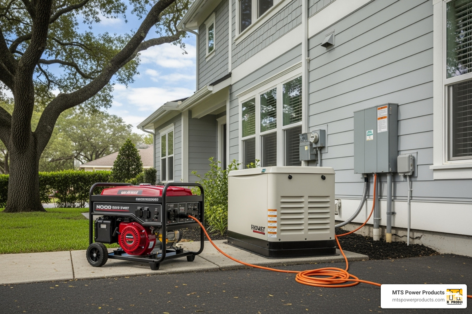 Portable generator next to a permanently installed standby generator - emergency generators