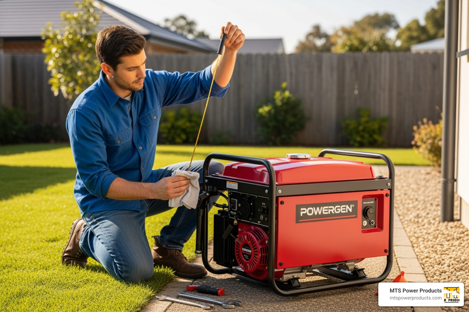 Person performing a routine oil check on their generator - emergency generators