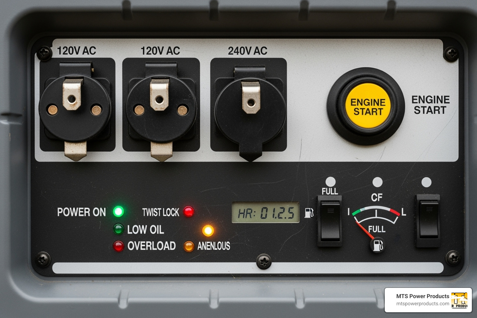 Generator control panel showing multiple outlets, an electric start button, and a CO Shield logo - emergency generators