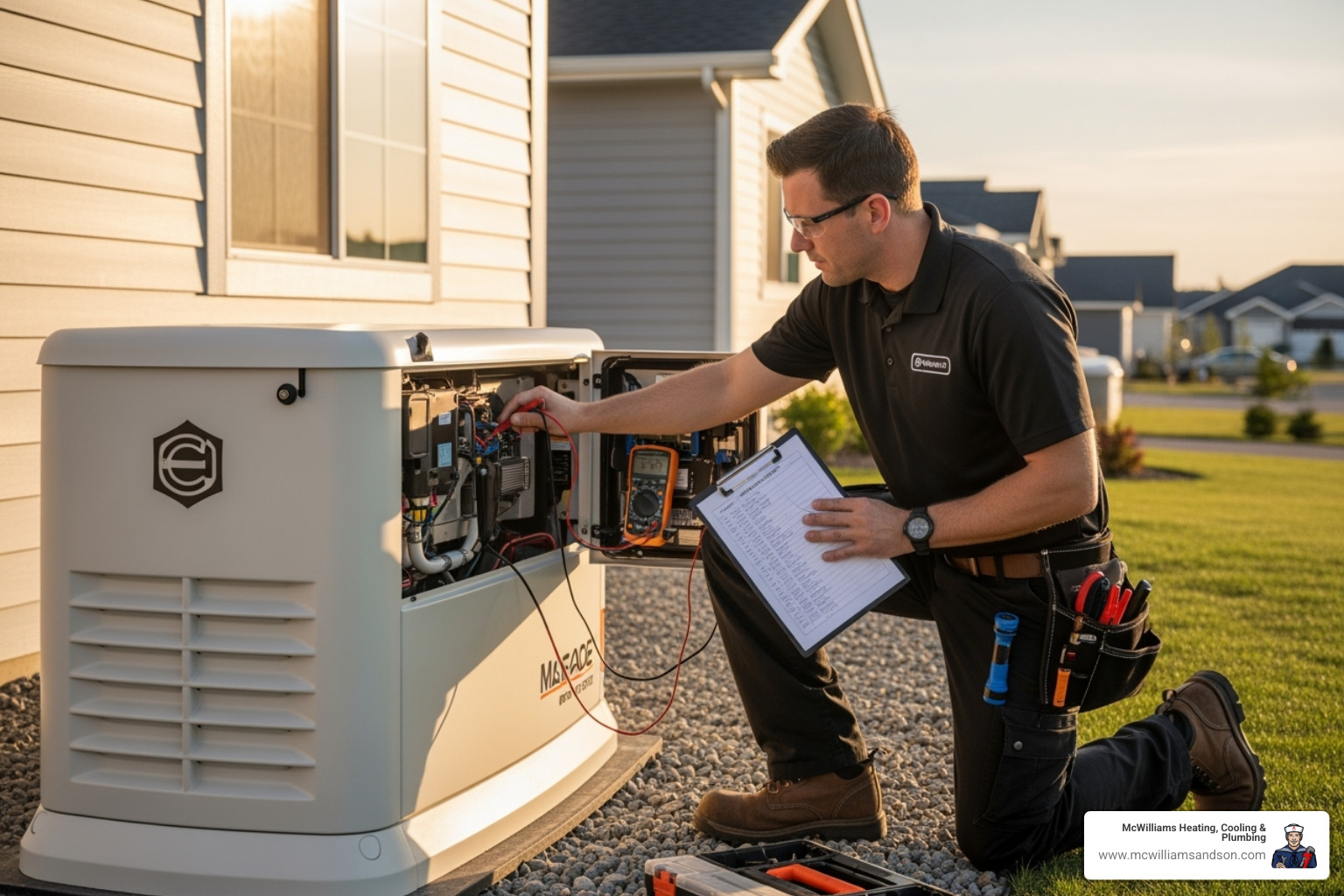 technician performing multi-point inspection on a residential generator - Generator Services technician performing multi-point inspection on a residential generator - Generator Services