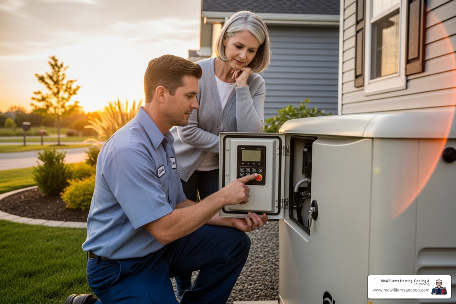 certified technician showing a customer the generator's control panel - Generator Services certified technician showing a customer the generator's control panel - Generator Services