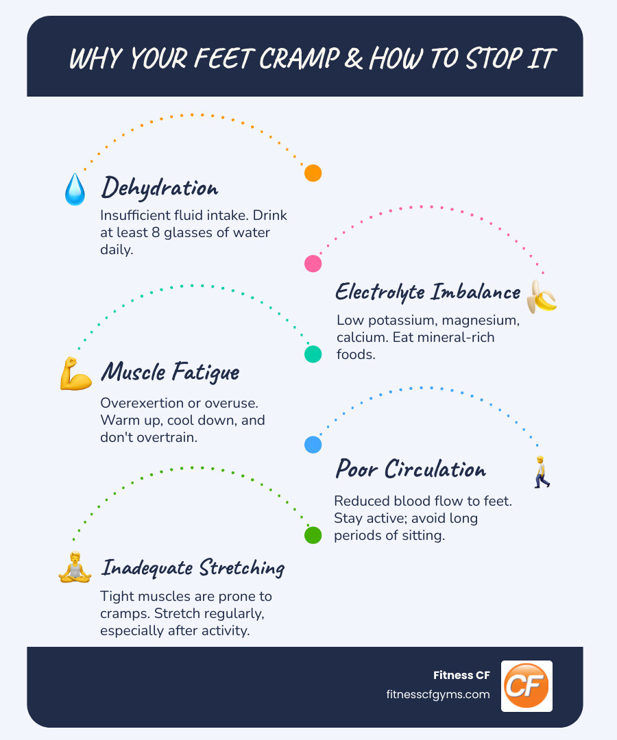 Infographic showing the main causes of foot cramps including dehydration, electrolyte imbalance, muscle fatigue, poor circulation, and inadequate stretching with prevention tips for each cause - how to prevent a foot cramp infographic infographic-line-5-steps-blues-accent_colors