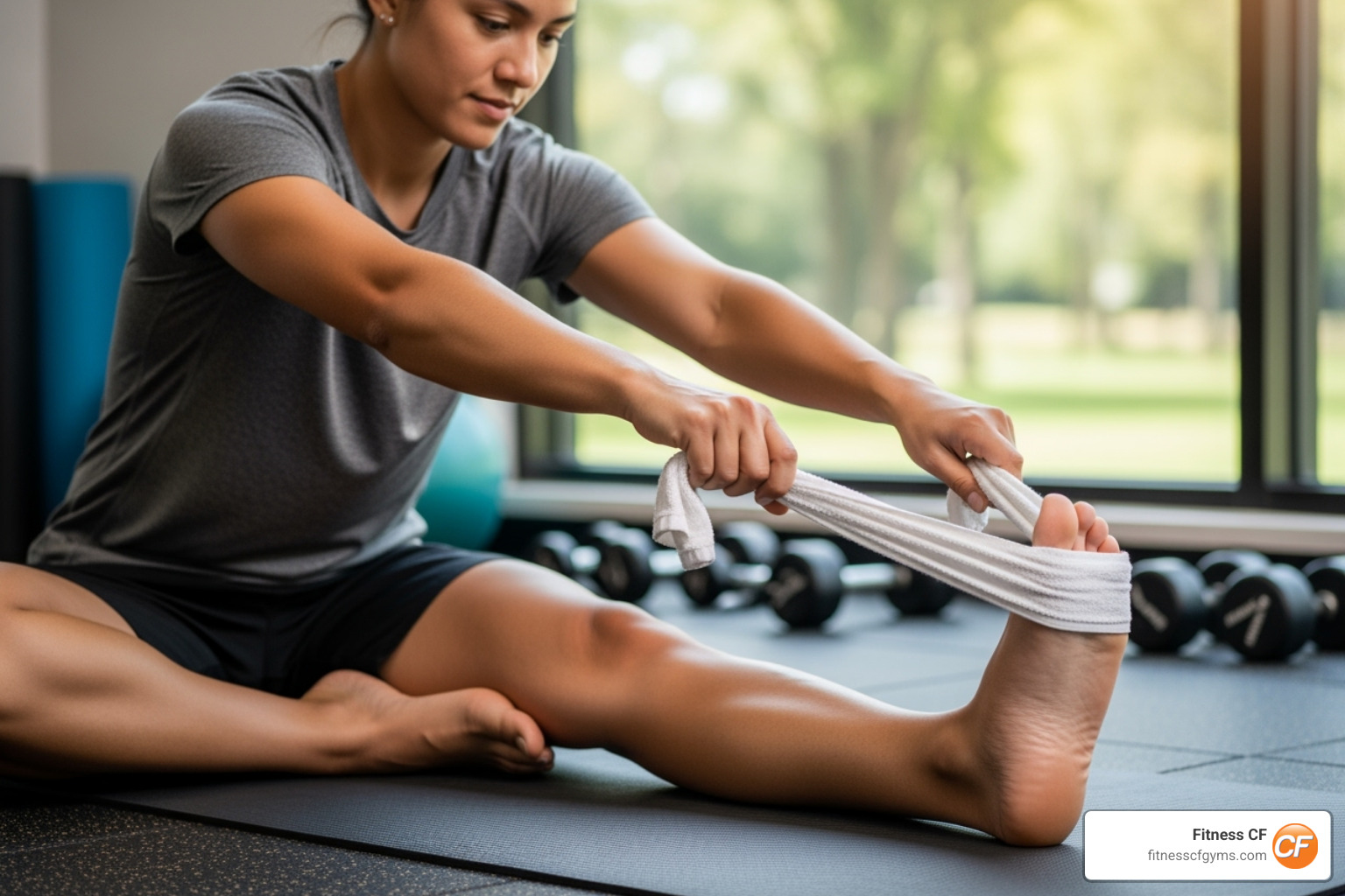a person using a towel to stretch their foot - how to prevent a foot cramp