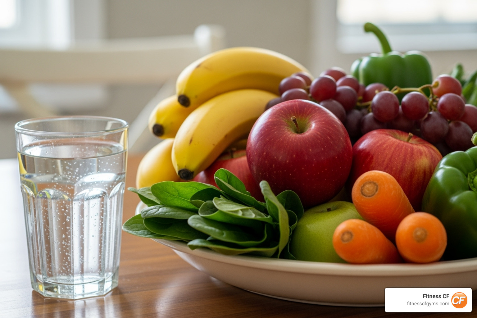 a glass of water next to a bowl of colorful fruits and vegetables like bananas and spinach - how to prevent a foot cramp