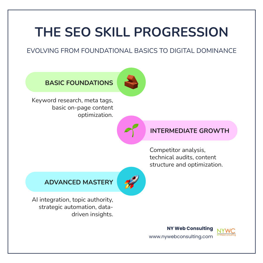 Detailed infographic showing the progression from Basic SEO (keyword research, meta tags, basic content) to Intermediate SEO (competitor analysis, technical audits, content optimization) to Advanced SEO (AI integration, topic authority, strategic automation, data-driven insights) - advanced SEO strategies infographic infographic-line-3-steps-colors Detailed infographic showing the progression from Basic SEO (keyword research, meta tags, basic content) to Intermediate SEO (competitor analysis, technical audits, content optimization) to Advanced SEO (AI integration, topic authority, strategic automation, data-driven insights) - advanced SEO strategies infographic infographic-line-3-steps-colors