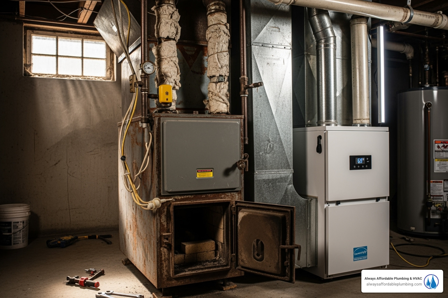 old inefficient furnace next to new compact model - Furnace replacement quotes