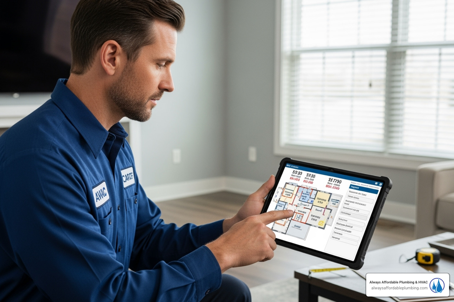 HVAC technician performing a Manual J load calculation on a tablet - Furnace replacement quotes