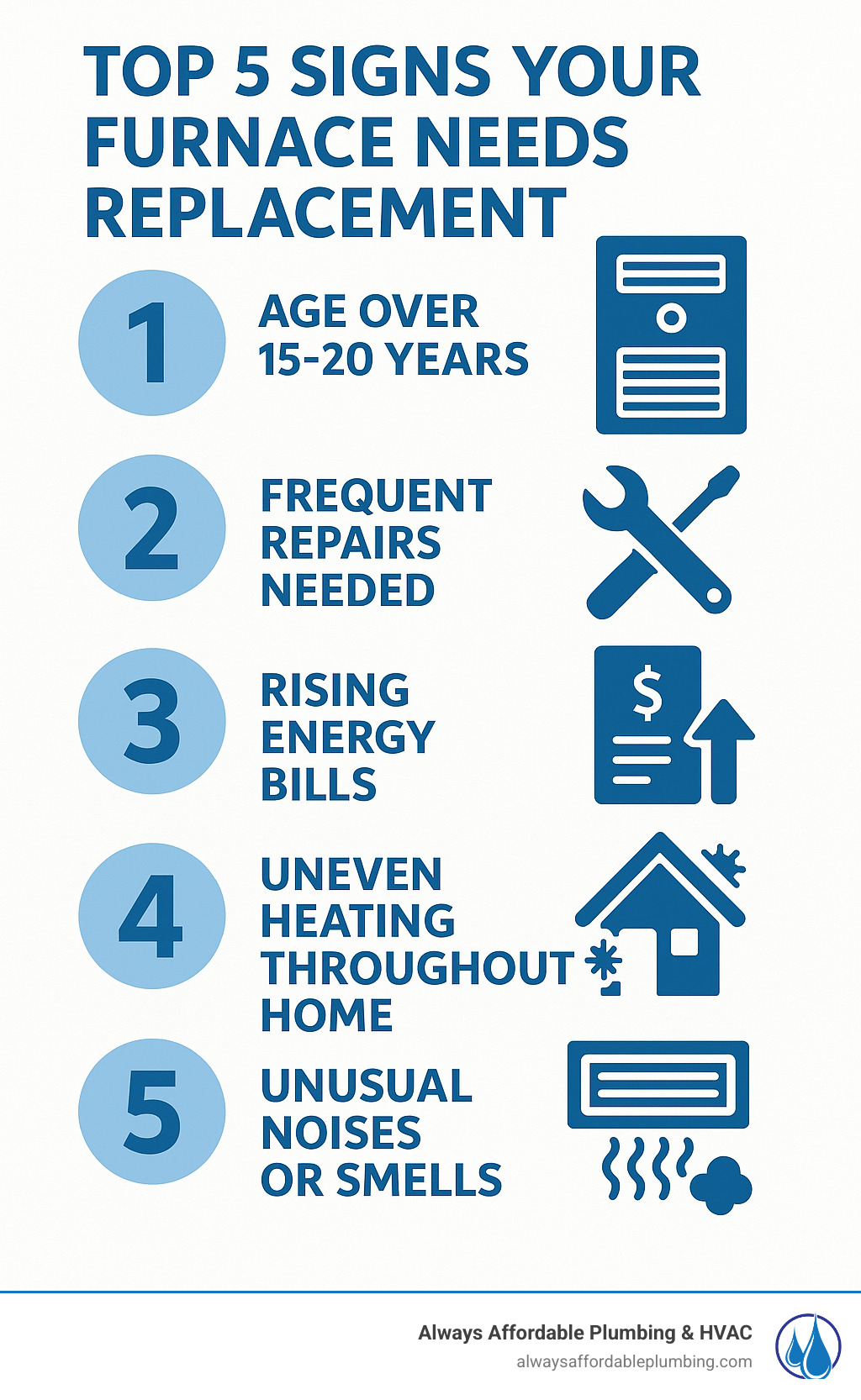Infographic showing the top 5 signs your furnace needs replacement: age over 15-20 years, frequent repairs needed, rising energy bills despite same usage, uneven heating throughout home, and unusual noises or smells during operation - Furnace replacement quotes infographic 